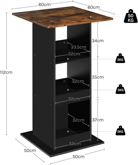 Rootz Bart Table - Bar Table - Dining Table - Space-Saving Design - 112cm Height - Brown, Black - 60cm x 60cm - 3 Storage Shelves