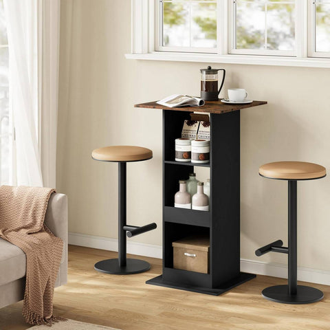 Rootz Bart Table - Bar Table - Dining Table - Space-Saving Design - 112cm Height - Brown, Black - 60cm x 60cm - 3 Storage Shelves