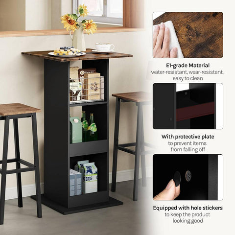 Rootz Bart Table - Bar Table - Dining Table - Space-Saving Design - 112cm Height - Brown, Black - 60cm x 60cm - 3 Storage Shelves