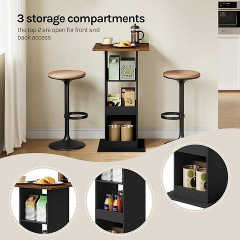Rootz Bart Table - Bar Table - Dining Table - Space-Saving Design - 112cm Height - Brown, Black - 60cm x 60cm - 3 Storage Shelves