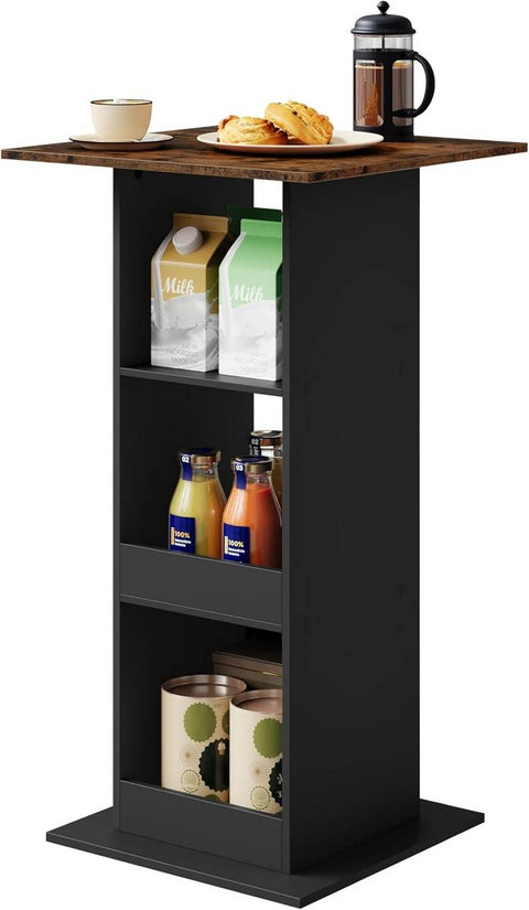 Rootz Bart Table - Bar Table - Dining Table - Space-Saving Design - 112cm Height - Brown, Black - 60cm x 60cm - 3 Storage Shelves