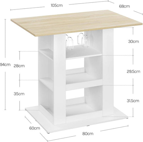 Rootz Bart Table with Storage - Home Bar Table - Multi-Purpose Counter - 2 Glass Holders - 105cm x 94cm x 68cm - Brown, White