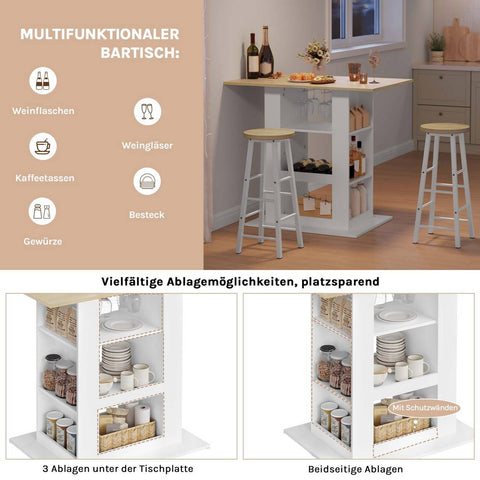 Rootz Bart Table with Storage - Home Bar Table - Multi-Purpose Counter - 2 Glass Holders - 105cm x 94cm x 68cm - Brown, White