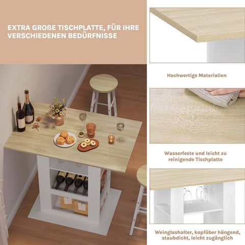Rootz Bart Table with Storage - Home Bar Table - Multi-Purpose Counter - 2 Glass Holders - 105cm x 94cm x 68cm - Brown, White