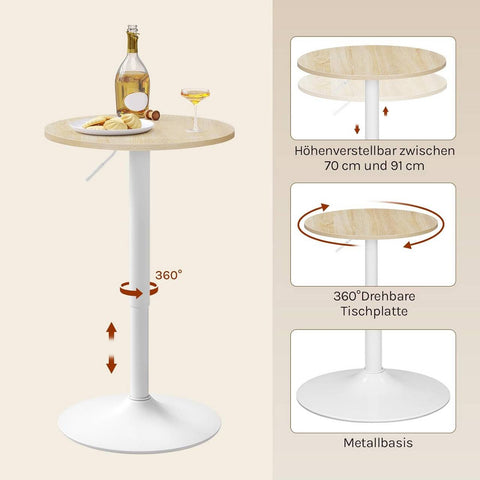 Rootz Height Adjustable Bar Table - Bistro Table - Round Side Table - Scratch & Waterproof MDF - 52cm Table Top x 69.5-91.5cm Height
