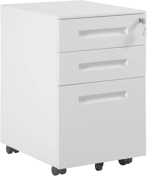 Rootz Roll Container Office Cabinet - Storage Unit - Filing Cabinet - Pre-Assembled - Secure Locking - Enhanced Mobility - Metal, White - 45cm x 60cm x 39cm