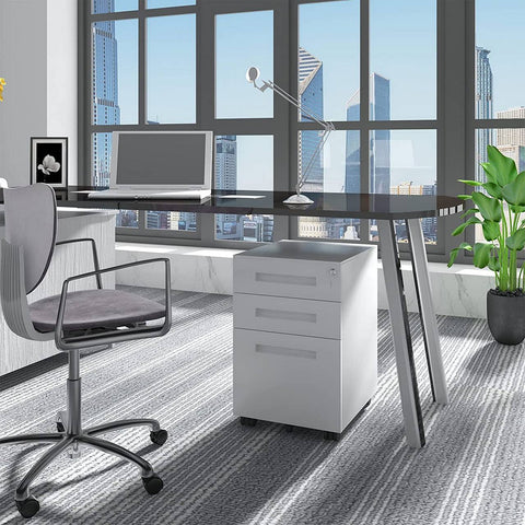 Rootz Roll Container Office Cabinet - Storage Unit - Filing Cabinet - Pre-Assembled - Secure Locking - Enhanced Mobility - Metal, White - 45cm x 60cm x 39cm