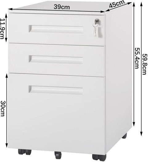 Rootz Roll Container Office Cabinet - Storage Unit - Filing Cabinet - Pre-Assembled - Secure Locking - Enhanced Mobility - Metal, White - 45cm x 60cm x 39cm