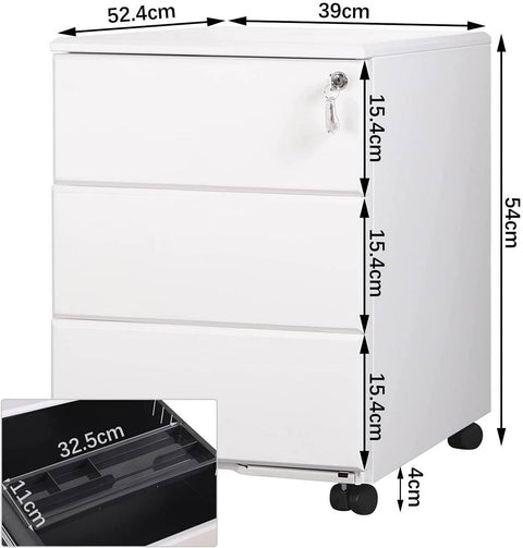 Rootz Roll Container Filing Cabinet - Mobile File Cabinet - Secure Storage Unit - Pre-Assembled, Lockable, Effortless Mobility - Steel - 52.4cm x 54cm x 39cm