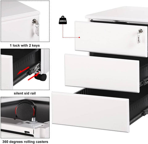 Rootz Roll Container Filing Cabinet - Mobile File Cabinet - Secure Storage Unit - Pre-Assembled, Lockable, Effortless Mobility - Steel - 52.4cm x 54cm x 39cm