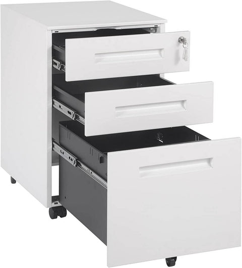 Rootz Roll Container Office Cabinet - Storage Unit - Filing Cabinet - Pre-Assembled - Secure Locking - Enhanced Mobility - Metal, White - 45cm x 60cm x 39cm
