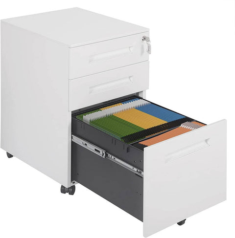 Rootz Roll Container Office Cabinet - Storage Unit - Filing Cabinet - Pre-Assembled - Secure Locking - Enhanced Mobility - Metal, White - 45cm x 60cm x 39cm