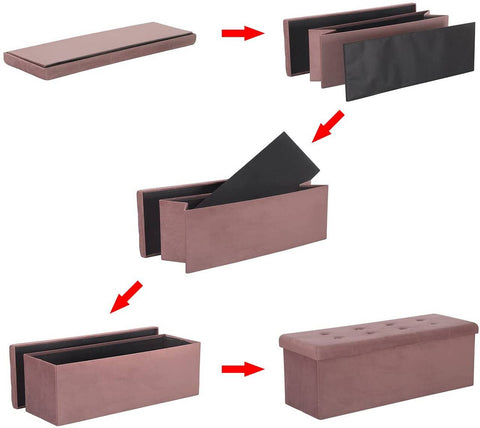 Rootz Velvet Storage Stool - Ottoman - Footrest - 118L Capacity - Foldable & Portable - Luxurious Comfort - 110cm x 38cm x 37.5cm