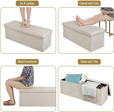 Rootz Velvet Storage Stool - Ottoman, Footrest - 118L Capacity, Foldable, Durable - 110cm x 38cm x 37.5cm