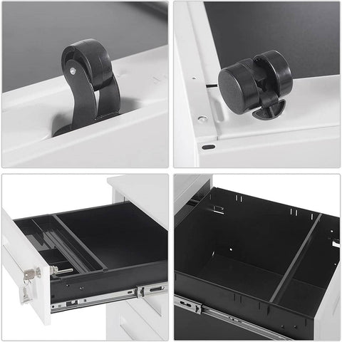 Rootz Roll Container Office Cabinet - Storage Unit - Filing Cabinet - Pre-Assembled - Secure Locking - Enhanced Mobility - Metal, White - 45cm x 60cm x 39cm