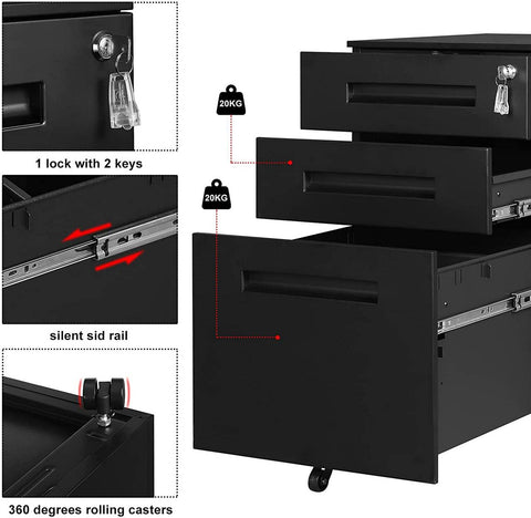 Rootz Rolcontainer Kantoorkast - Mobiele Archiefkast - Opbergunit - Voorgemonteerd - Veilige vergrendeling - Soepele bediening - Staal - 45cm x 60cm x 39cm