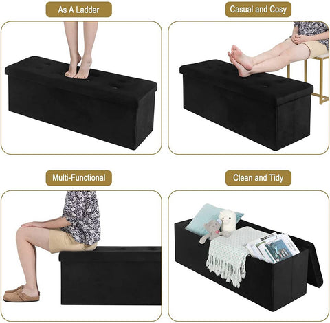 Rootz Velvet Storage Stool - Ottoman, Footrest - Spacious 118L Storage, Foldable Design, Luxurious Velvet Finish - 110cm x 38cm x 37.5cm
