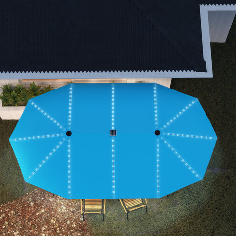 Rootz Double Umbrella - Terrace Sunshade - Blue Parasol - Solar Lights, UV-Resistant, UPF50+ Protection - 451cm x 267cm x 249cm