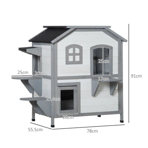Rootz Cat House - 2 Tier - Weather Resistant - Weatherproof - Sliding Window - Solid Wooden Frame - White + Gray - 123L x 63W x 112H cm