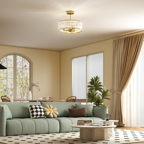 Rootz Ceiling Lamp - Chandelier Style - Crystal Pendant Light - 3 Bulbs - Metal Goldtone Finish - Ø39 x 32cm - Adds Glamour and Elegance