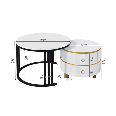 Rootz 2-in-1 Coffee Table Set - Marble Pattern - High Gloss Tables - Space Saving - 70x70x46cm & 50x50x40cm