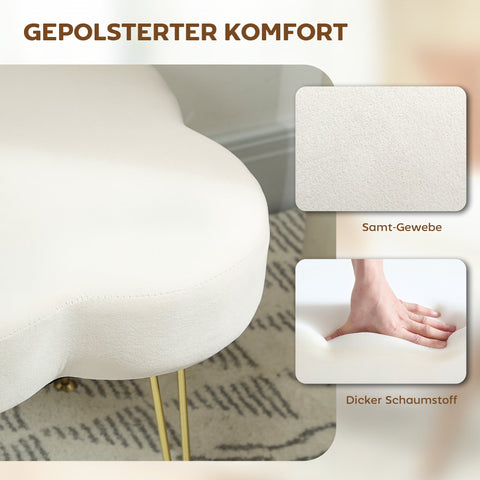 Rootz Upholstered Cloverleaf Shape Stool - Footstool, Ottoman - Velvet Comfort - Steel Legs - 41x41x40cm - White