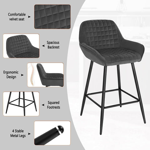 Rootz Bar Stool - Velvet Counter Stool - Metal Frame - Comfortable & Ergonomic - Durable & Stable - Floor Protection - 32.5cm x 37cm x 91cm (Seat Height 64cm)