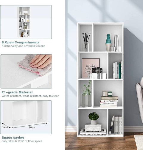 Rootz Modern White Bookcase - Storage Shelf - Display Unit - Stylish & Durable - Space-Saving - 60cm x 143.5cm x 29cm