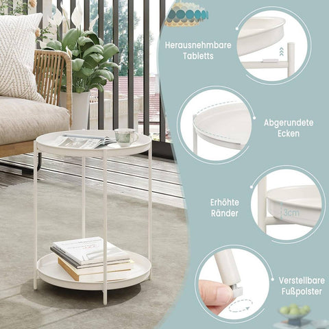 Rootz Round Coffee Table - Side Table - Metal Table with Storage - Removable Trays - 44cm x 53cm - Elegant Design