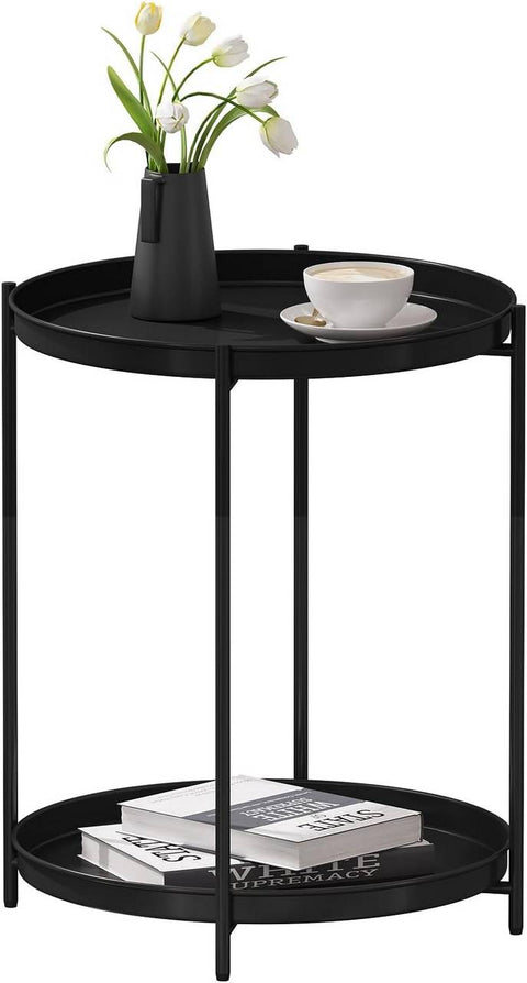 Rootz Round Coffee Table - Side Table - Metal Coffee Stand - 2 Removable Trays - 44cm x 53cm - Stable & Versatile - Extra Storage