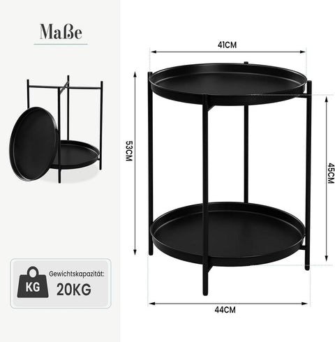 Rootz Round Coffee Table - Side Table - Metal Coffee Stand - 2 Removable Trays - 44cm x 53cm - Stable & Versatile - Extra Storage