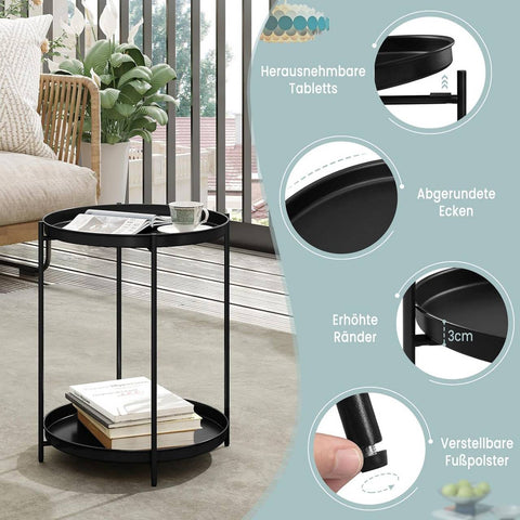 Rootz Round Coffee Table - Side Table - Metal Coffee Stand - 2 Removable Trays - 44cm x 53cm - Stable & Versatile - Extra Storage
