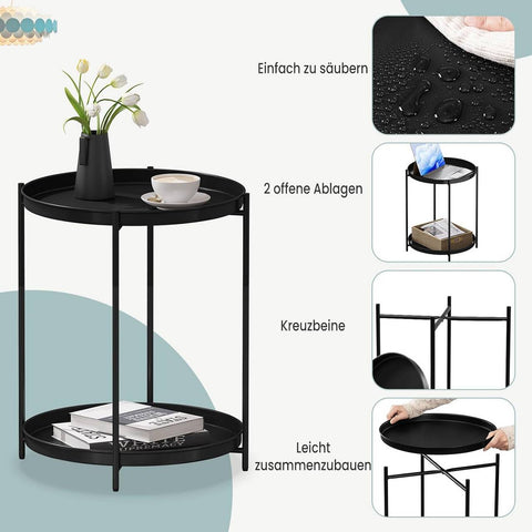 Rootz Round Coffee Table - Side Table - Metal Coffee Stand - 2 Removable Trays - 44cm x 53cm - Stable & Versatile - Extra Storage