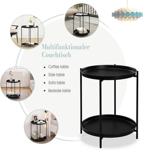 Rootz Round Coffee Table - Side Table - Metal Coffee Stand - 2 Removable Trays - 44cm x 53cm - Stable & Versatile - Extra Storage