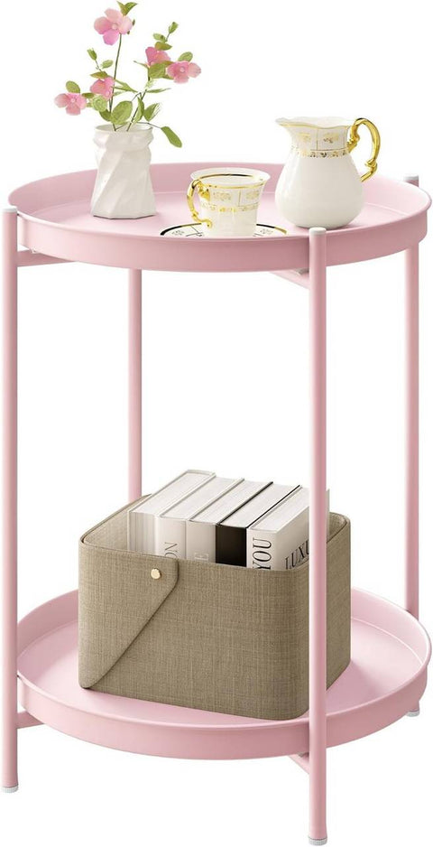 Rootz Round Coffee Table - Side Table - Accent Table with Storage - Two Removable Trays - Durable Metal Pink - 44cm x 53cm