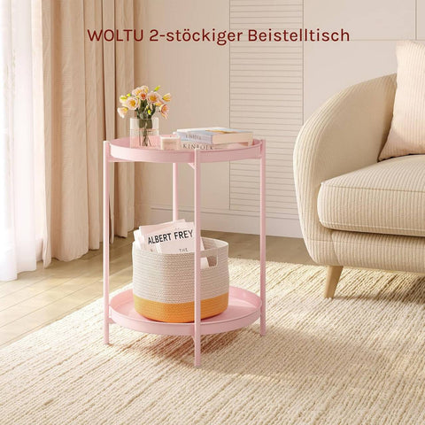 Rootz Round Coffee Table - Side Table - Accent Table with Storage - Two Removable Trays - Durable Metal Pink - 44cm x 53cm