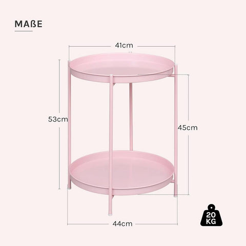 Rootz Round Coffee Table - Side Table - Accent Table with Storage - Two Removable Trays - Durable Metal Pink - 44cm x 53cm