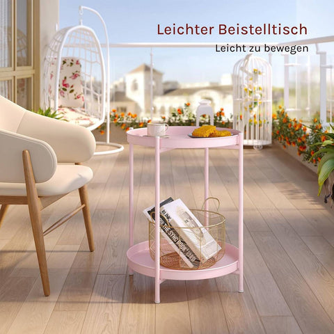 Rootz Round Coffee Table - Side Table - Accent Table with Storage - Two Removable Trays - Durable Metal Pink - 44cm x 53cm