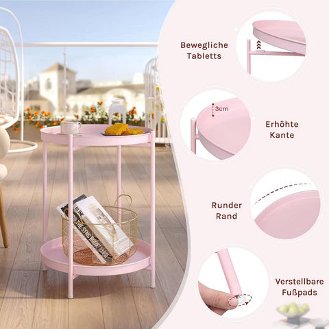 Rootz Round Coffee Table - Side Table - Accent Table with Storage - Two Removable Trays - Durable Metal Pink - 44cm x 53cm