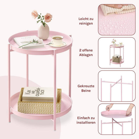 Rootz Round Coffee Table - Side Table - Accent Table with Storage - Two Removable Trays - Durable Metal Pink - 44cm x 53cm