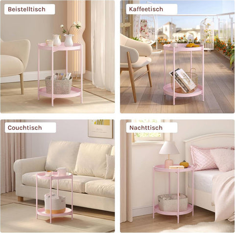 Rootz Round Coffee Table - Side Table - Accent Table with Storage - Two Removable Trays - Durable Metal Pink - 44cm x 53cm