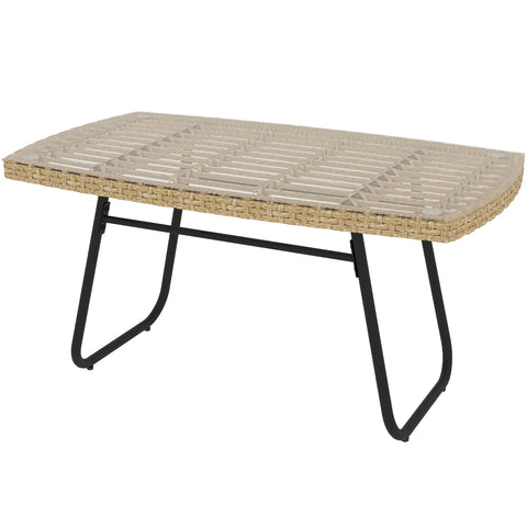 Rootz Poly Rattan Garden Table - UV-Resistant Side Table - Outdoor Coffee Table - Elegant Glass Top - 90 x 50 x 45 cm