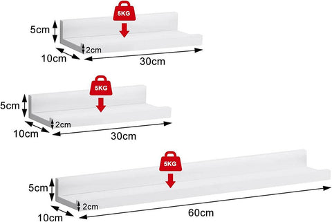 Rootz Floating Wall Shelf Set - High-Quality MDF Shelves - White Color - Easy Assembly - Space-Saving - Versatile - Safety Features - 60x10x5/2cm & 30x10x5/2cm dimensions - 3 Pieces