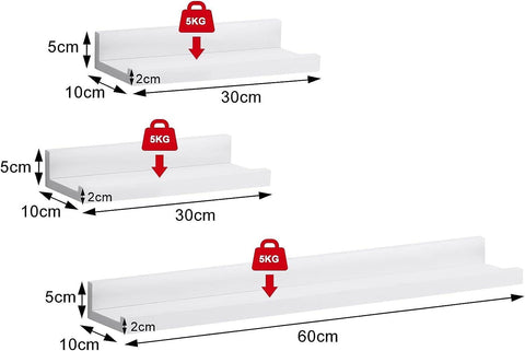Rootz White Wall Shelf Set - Floating Shelves - Modern MDF Panels - Safety Front Wall - Space-Saving - Easy Assembly - 80cm x 10cm x 5/2cm