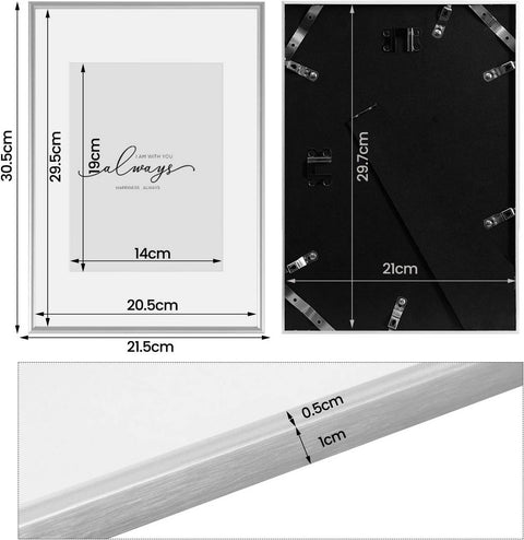 Rootz 4 Set Picture Frame - Photo Frame - Metal Frame - Dust Resistant - Aluminum & Plexiglass - A4 21x29.7cm - Silver Color