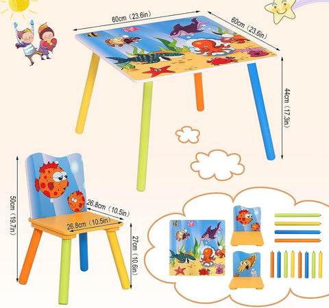 Rootz Children's Table and Chair Set - Kids' Furniture Set - Study and Activity Table - Durable MDF and Pine Wood - Encourages Creativity - Easy Assembly - 60cm x 60cm x 44cm Table, 26.8cm x 26.8cm x 50cm Chair