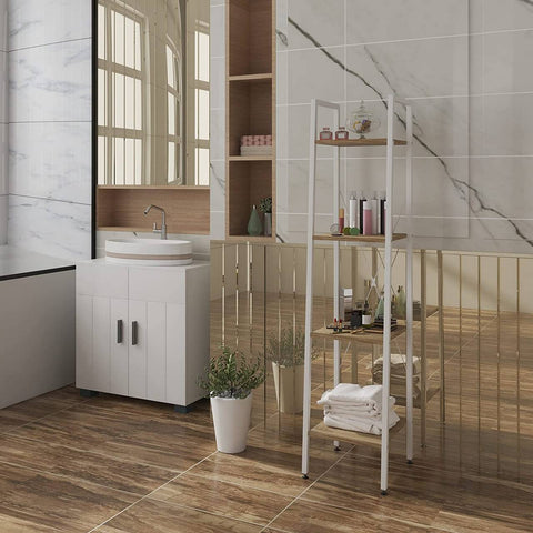 Rootz Standing Shelf - Storage Rack - Display Unit - Durable Metal & Wood Construction - Easy Assembly - Space-Saving Design - 34cm x 35cm x 148cm