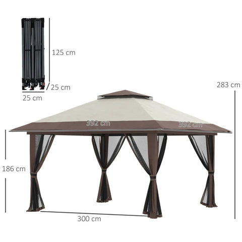 Rootz Folding Gazebo - Height Adjustable - 4 Mesh Walls - Ventilation Roof - Carry Bag - Quick Assembly - Beige - 4 x 4 x 3 m