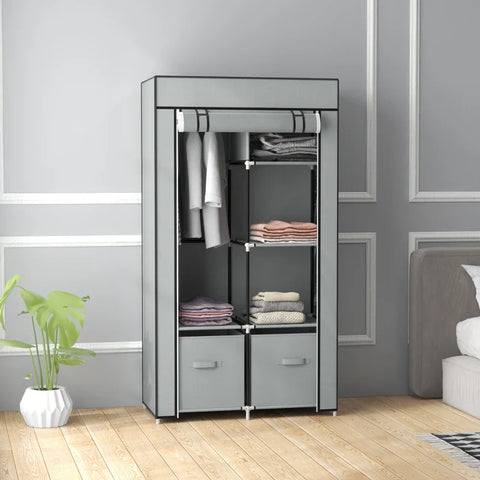 Rootz Wardrobe - Fabric Cabinet - 1 Clothes Rail - 2 Drawers - Sliding Drawers - Non-woven Fabric - Gray - 83 x 42.5 x 162.5 cm