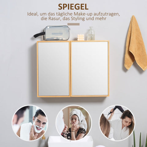 Rootz Kleankin Bathroom Cabinet with Mirror Doors - Storage Solution - Wall-Mounted Cabinet - Bamboo Housing - 65.2cm x 14cm x 50cm